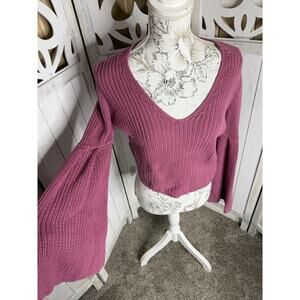 Free People Cropped Sweater Boho Flare Bell Sleeve Purple Pink Oversized Small